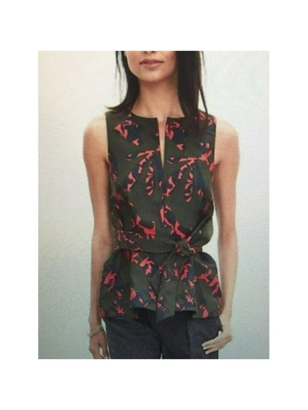 Banana Republic Olive Green & Pink Brocade Sleeveless Blouse W. Tie Waist Sz M.
